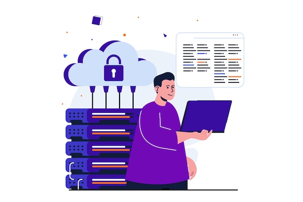 Cloud computing modern plat concept voor webbannerontwerp Ingenieur werkt in serverruimte