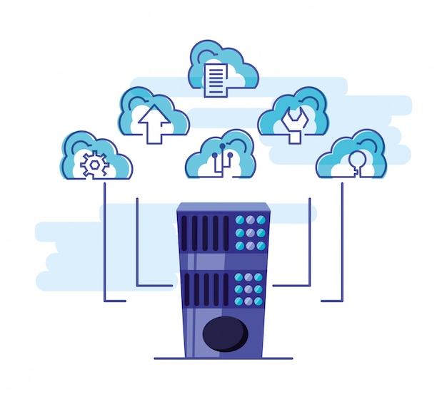 Vettore rete di cloud computing con server tower