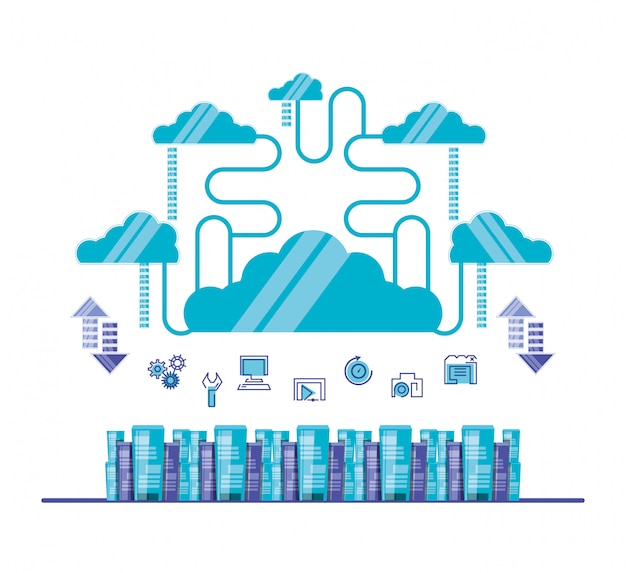 Vettore rete di cloud computing con server tower