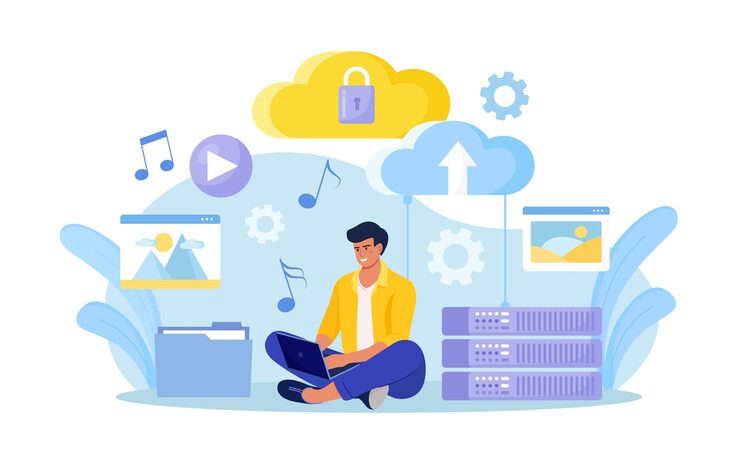 Vector cloud computing online database web hosting people storing data and processing data on web server man using computer upload and download information on cloud storage