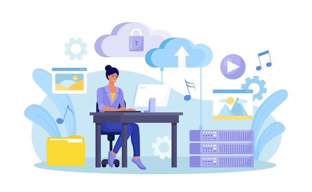 Cloud computing online database web hosting people storing data and processing data on web server woman using computer upload and download information on cloud storage vector design