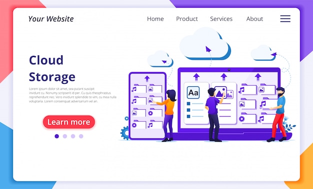 Cloud computing services concept, people work on giant devices, cloud storage, data center. website landing page  template