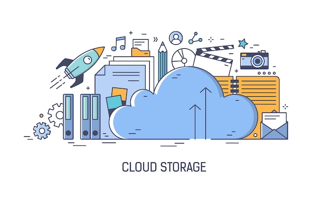 cloud computing-technologie, applicatie voor informatieopslag, overdracht van digitale gegevens, downloaden en uploaden van bestanden