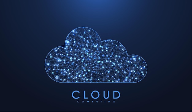 Cloud computing-technologie concept. Veelhoekig draadframe cloudopslagbord met stippen en lijnen. Digitale computertechnologie achtergrond. Gegevens beschermde uitwisseling. Vector illustratie.