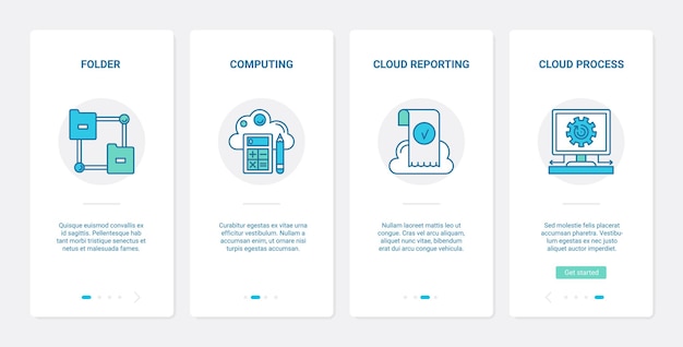 Cloud computing-technologie externe toegang ux ui onboarding mobiele app-paginaschermset