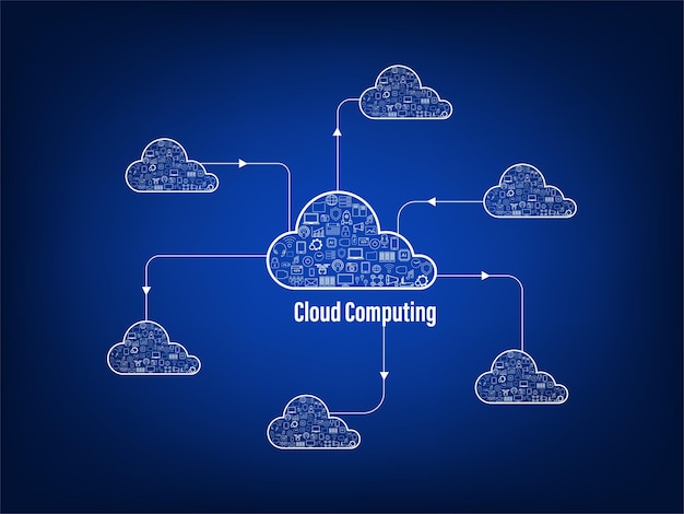 Vector cloud computing-technologie met pictogrammen op blauwe achtergrond vectorillustratie