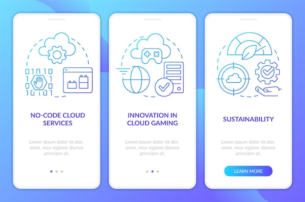 Schermata dell'app mobile per l'onboarding del gradiente blu dei professionisti delle tecnologie di cloud computing