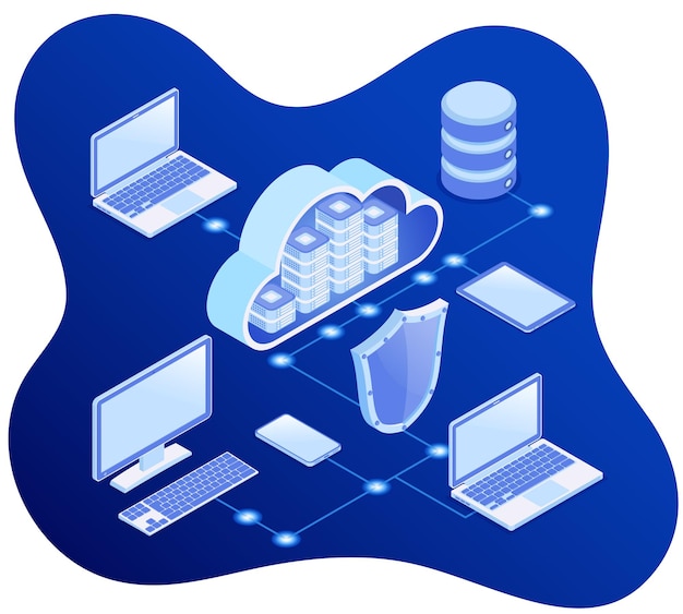 Il concetto isometrico di tecnologia di cloud computing con computer portatile cellulare tablet e scudo icone sicurezza cloud storage server big data processing isolato illustrazione vettoriale