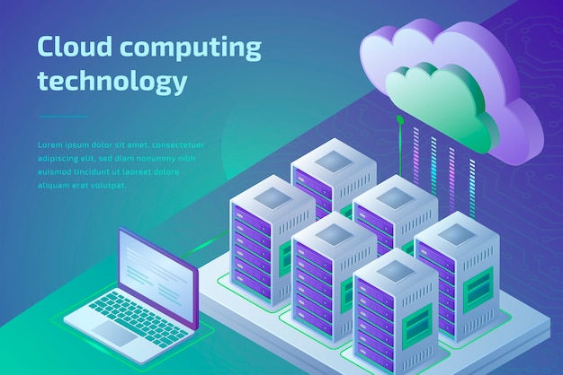 Vettore tecnologia di cloud computing e concetto di sala server. modello di pagina di destinazione. illustrazione isometrica 3d.