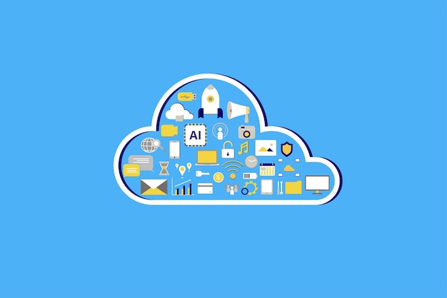 Vettore tecnologia di cloud computing con icone su sfondo blu illustrazione vettoriale