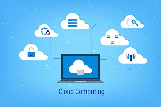 青い背景のベクトル図にアイコンとクラウドコンピューティング技術