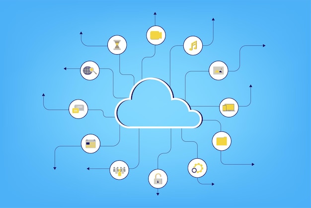 青い背景のベクトル図にアイコンとクラウドコンピューティング技術