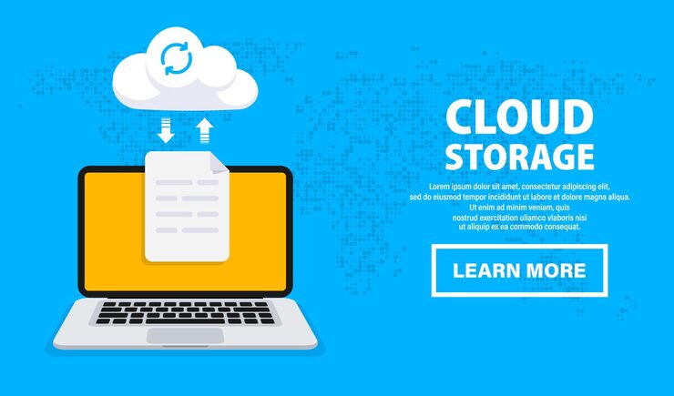 Vector cloud computing uploading process on computer screen cloud data storage and processing backup concept network cloud service and hosting copying file