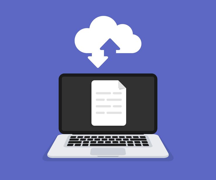 Vector cloud computing uploading process on computer screen cloud data storage and processing backup concept network cloud service and hosting copying file