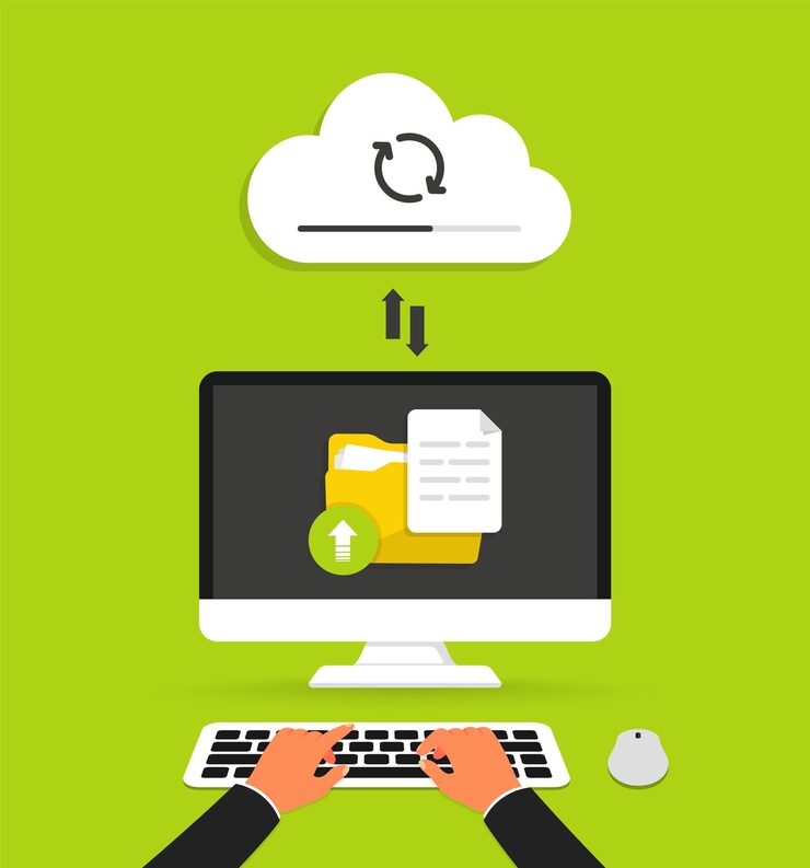 Vector 雲端計算 電腦螢幕上上傳過程 數據儲存和處理 備份概念 網絡雲端服務和托管 複製檔案 使用筆記型電腦上傳檔案到雲端儲存