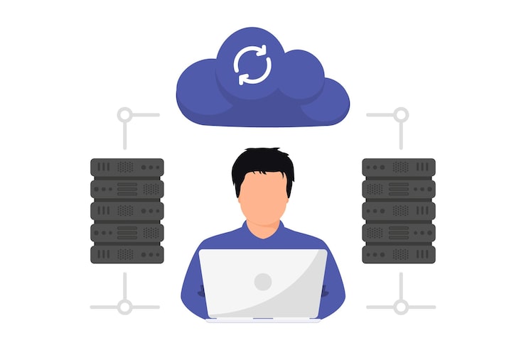 Vector cloud computing web hosting concept service database for documents and file on computer cloud storage upload and download data backup concept digital service or app with data transfering