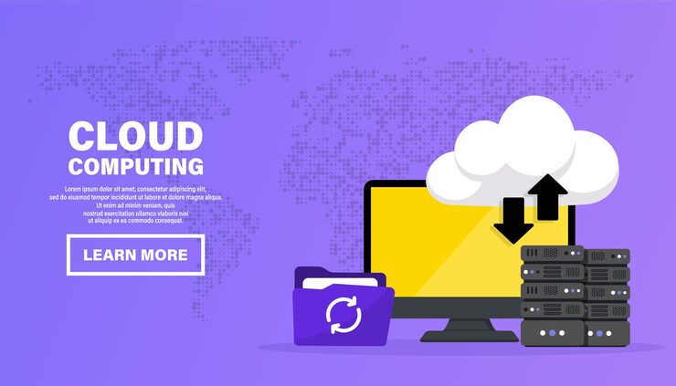 Vector cloud computing web hosting concept service database for documents and file on computer cloud storage upload and download data backup concept digital service or app with data transfering