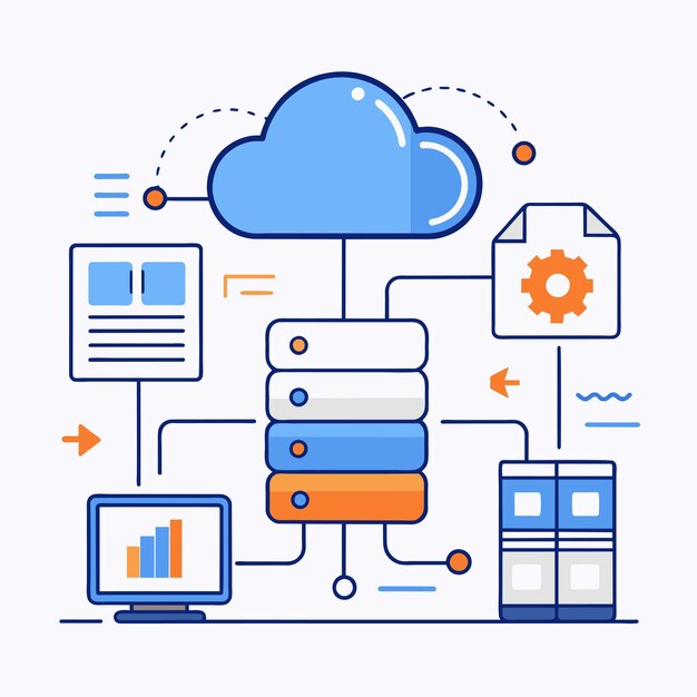 a cloud connecting a computer and a laptop for data management and backup cloud data management data backup big data simple and minimalist flat vector illustration