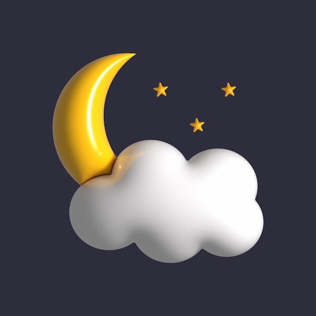 Vector cloud, crescent moon and stars on blue background - 3d illustration render