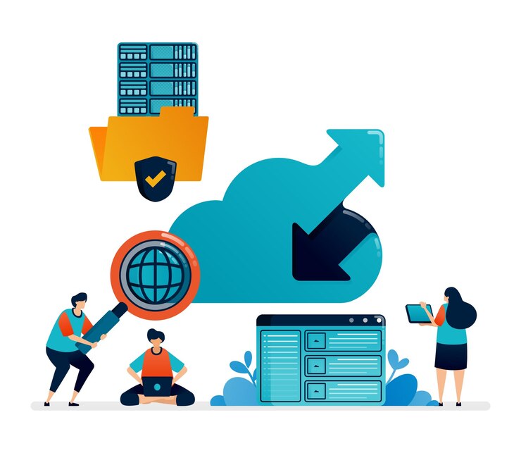 Vector cloud data center illustration access folder for cloud users up arrow down to upload download