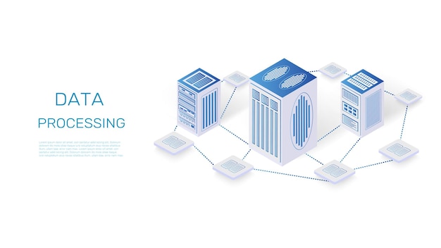 Cloud data server Hosting website Isometrisch datacenter Informatieopslaginfrastructuur Blockchain technologie Computersysteem Database verbinding Vector illustratie landing