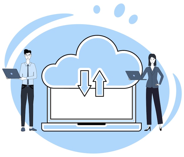 Vettore archiviazione dei dati nel cloud scambio di dati tramite tecnologie cloud persone sullo sfondo di un laptop