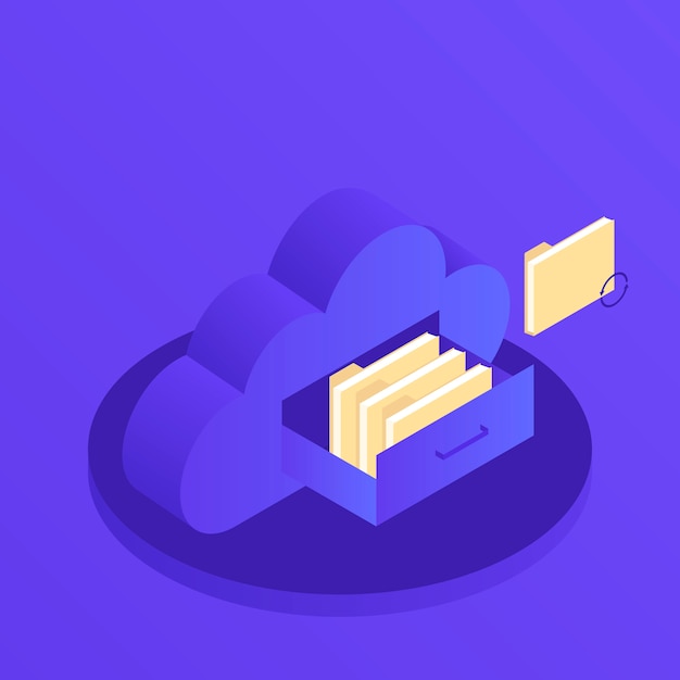 Cloud data storage flat 3d isometric business technology server . document drawer in cloud-shaped cabinet. modern isometric illustration