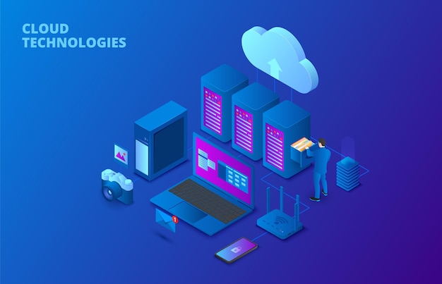 Cloud data storage isometric illustration Businessman put in document folder in cloud cabinet