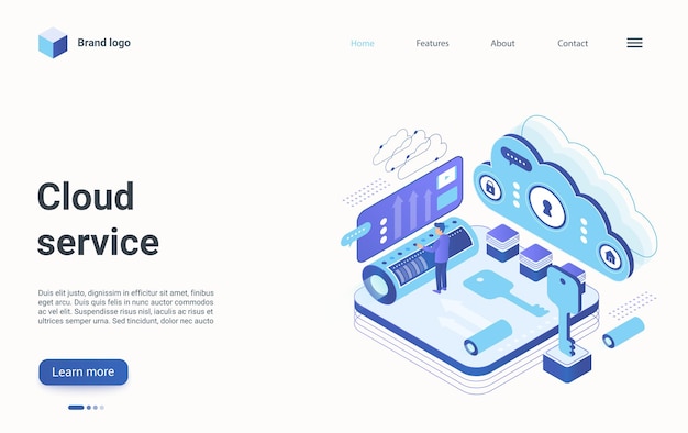 Cloud data tech service isometrische landingspagina technicus engineer in serverruimte