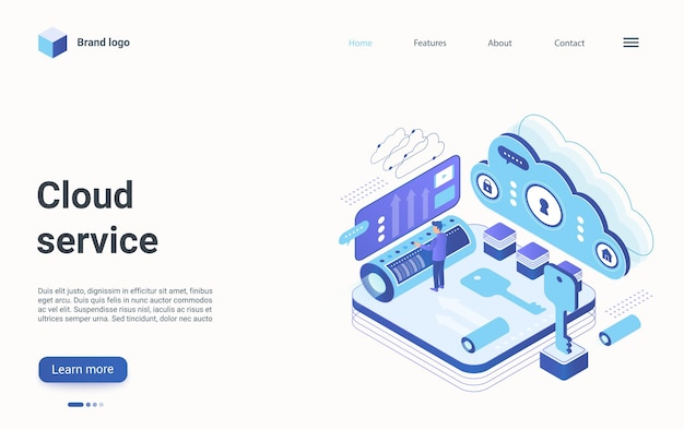 Vector cloud data tech service isometrische landingspagina technicus engineer in serverruimte