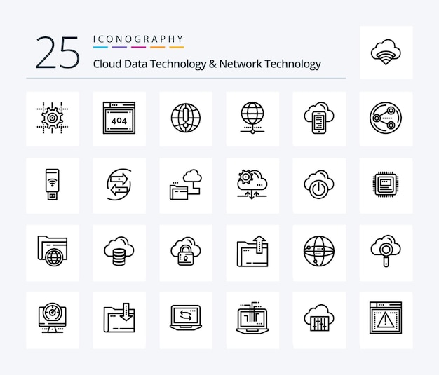 Cloud Data Technology And Network Technology 25 Line icon pack including sharing cell globe mobile cloud