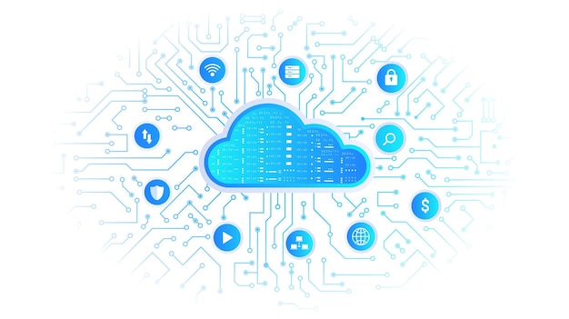 Banner bianco per la tecnologia dei dati cloud connessione wireless e scambio di informazioni su internet archivio e archiviazione elettronici sincronizzazione dei dispositivi illustrazione vettoriale isometrica