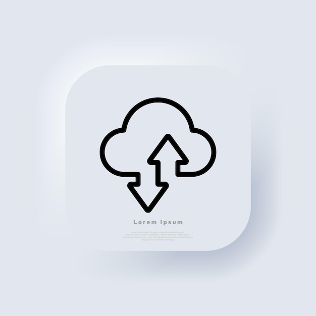 クラウドデータ転送アイコン。矢印アイコンで雲。ダウンロードしてアップロードします。 neumorphic uiuxの白いユーザーインターフェイスのwebボタン。ニューモルフィズム。ベクトルイラスト。