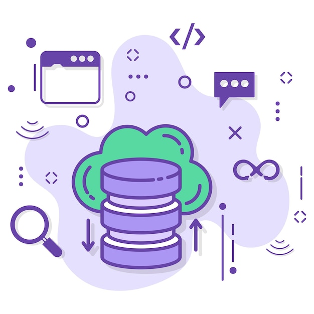 Vector cloud database data transaction commit concept, server and storage transmission vector icon design