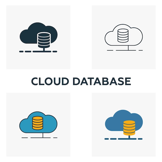 Cloud Database icon set Vier elementen in verschillende stijlen van big data iconen collectie Creative cloud database iconen gevuld overzicht gekleurde en platte symbolen