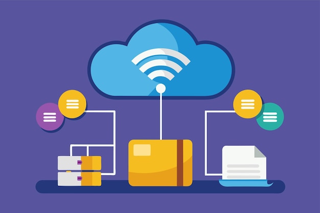 Облако, цифрово связанное с сетью WiFi для передачи данных и эффективности хранения Перемещение файлов в облачное хранилище с подключением Wi-Fi Простая и минималистичная плоская векторная иллюстрация