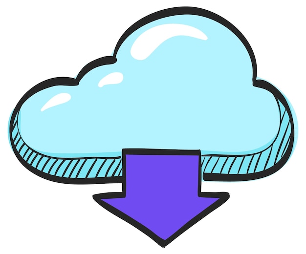 Vector cloud download icon in hand drawn color vector illustration