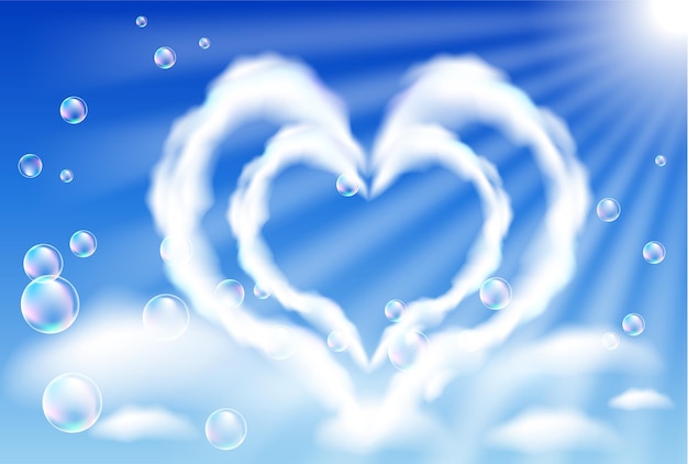 Cloud hearts in the sky and bubbles