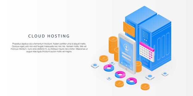 Cloud hosting concept banner, isometrische stijl