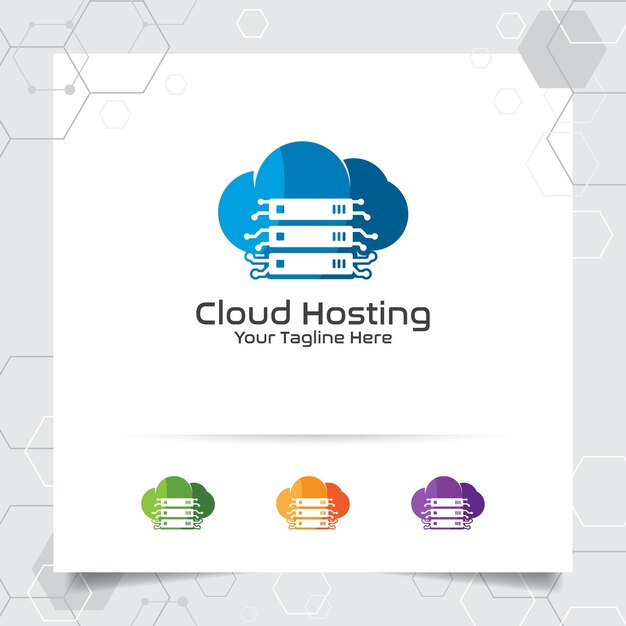 Design vettoriale del logo di hosting cloud con il concetto di server e icona cloud illustrazione vettoriale del server cloud per il rack del server del provider di hosting e la condivisione dello spazio di archiviazione