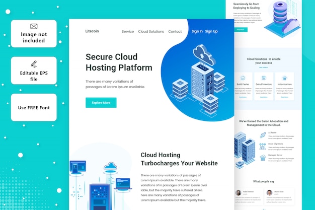 Vettore servizi di cloud hosting, design della pagina di destinazione del data center