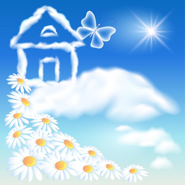 Cloud house in the sky and flowers