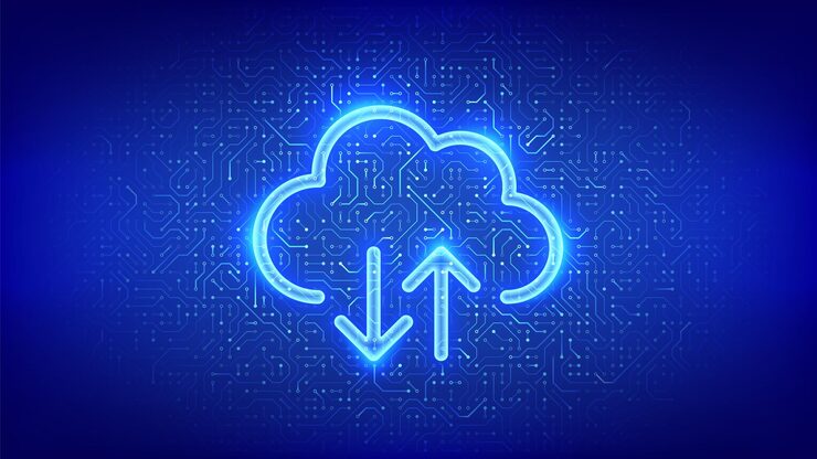 Вектор облачный иконка облачная вычислительная служба хранение баз данных центр данных передача данных безопасное облачное хранилище загрузка загрузки приложения образец платы цепи печатной платы текстура печатной схемы векторная иллюстрация