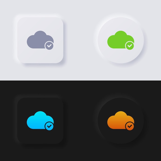 Cloud icon with check mark symbol, multicolor neumorphism button soft ui design.