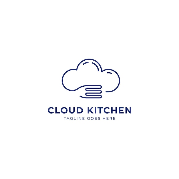 Logo della cucina cloud, cucina cloud della tecnologia digitale con logo dell'icona della linea monolinea della forcella