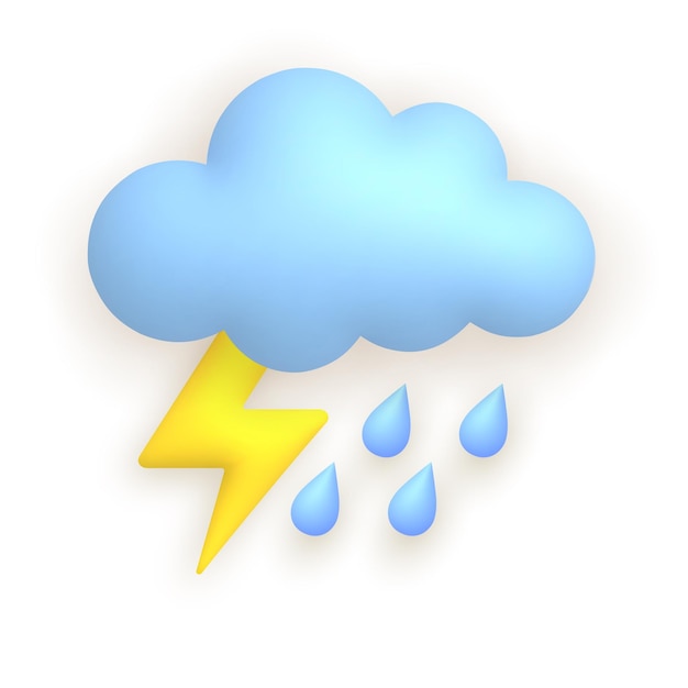 Облачный дождь с молнией Симпатичная погода реалистичная икона 3d мультфильм