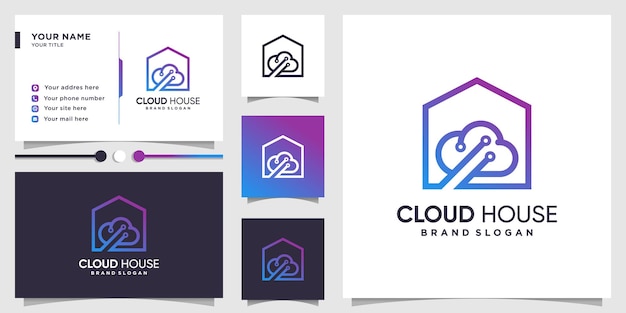 Cloud logo with house concept and business card design premium vector