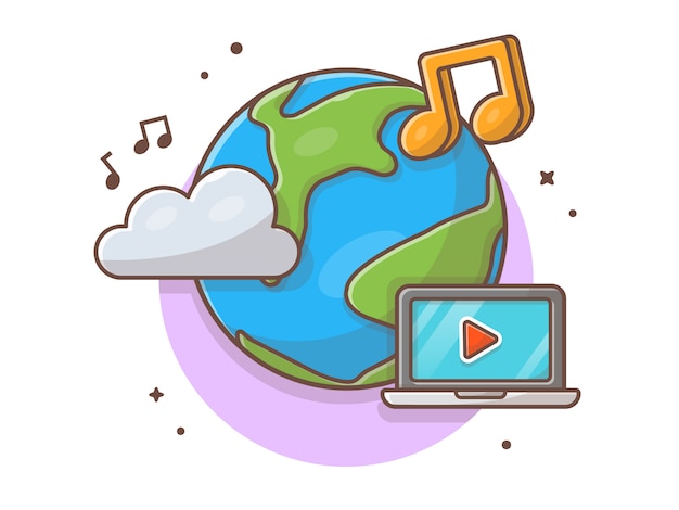 Cloud music icon with globe, laptop and note of music  . world music day white isolated