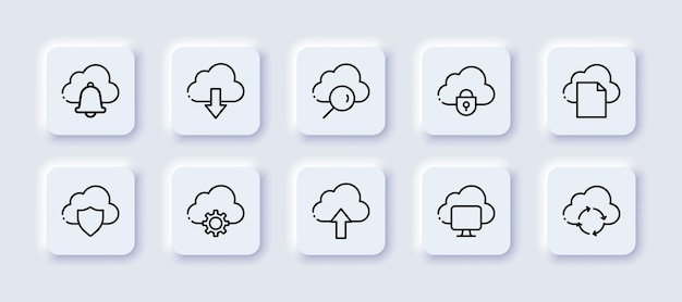 クラウドネオモルフィックラインアイコンセットクラウドストレージエクスチェンジデータベースリモートアクセスクラウドサービス人工知能セキュリティデータウェアハウスコンセプトベクトルネオモルフィックブラックラインアイコン