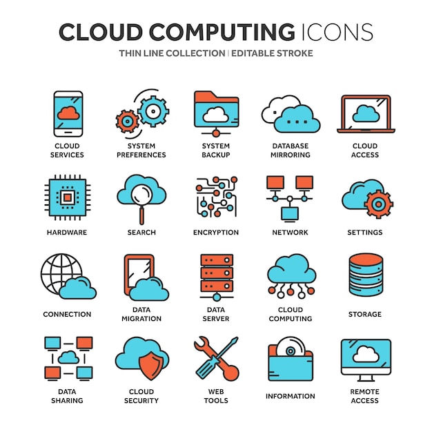 Cloud omputing Internettechnologie Online diensten Beveiliging van gegevensinformatie Verbinding Dunne lijn blauwe web icon set Overzicht iconen collectie Vector illustratie